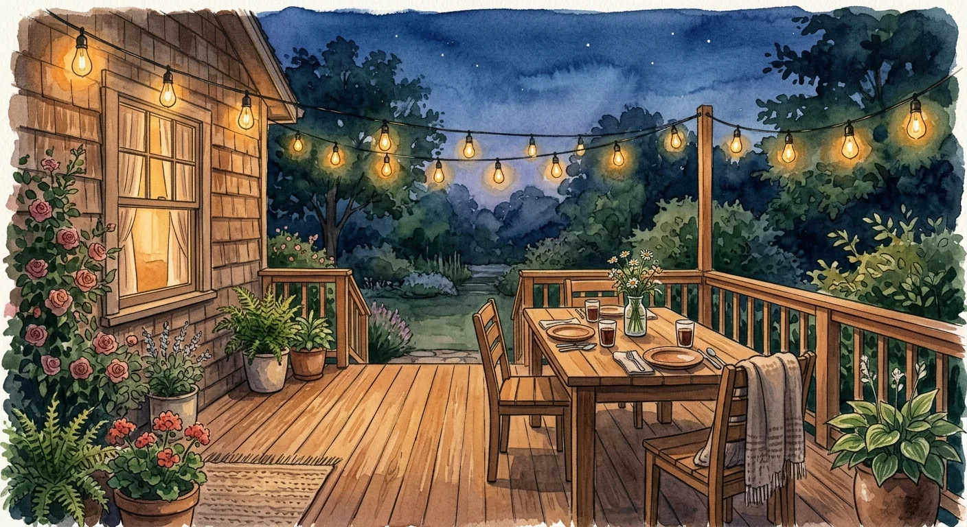 A cozy gouache illustration of a wooden deck at twilight, lit by warm string lights with an outdoor dining table set.