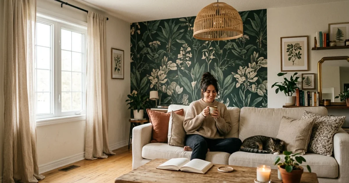 A cozy rental apartment living room styled with a botanical peel-and-stick accent wall, warm woven lighting, and linen curtains.