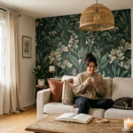 A cozy rental apartment living room styled with a botanical peel-and-stick accent wall, warm woven lighting, and linen curtains.