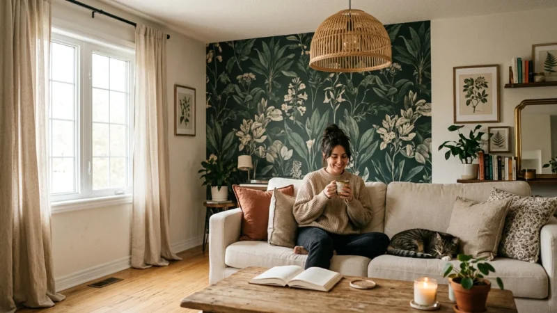 A cozy rental apartment living room styled with a botanical peel-and-stick accent wall, warm woven lighting, and linen curtains.