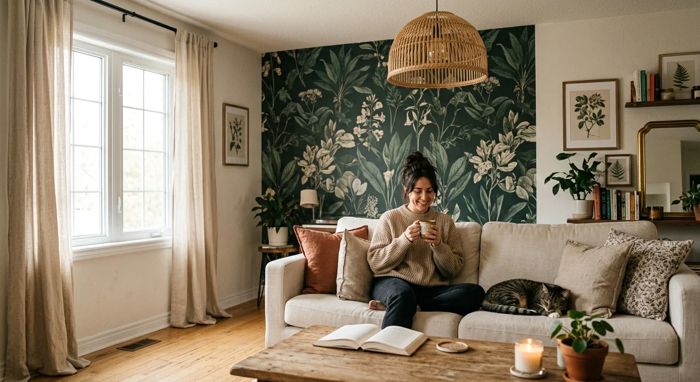 A cozy rental apartment living room styled with a botanical peel-and-stick accent wall, warm woven lighting, and linen curtains.