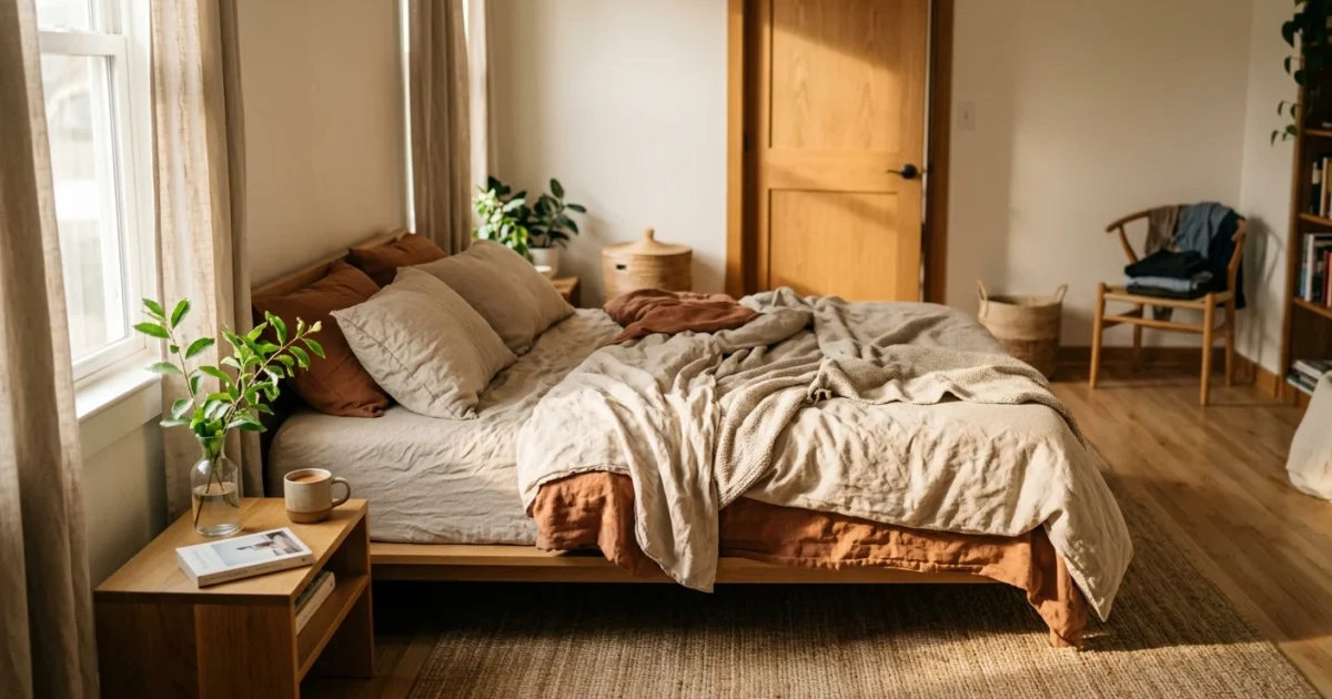 A cozy, well-lit bedroom showing a bed positioned diagonally from the doorway with plenty of walking space around it.