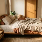 A cozy, well-lit bedroom showing a bed positioned diagonally from the doorway with plenty of walking space around it.