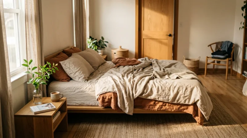 A cozy, well-lit bedroom showing a bed positioned diagonally from the doorway with plenty of walking space around it.
