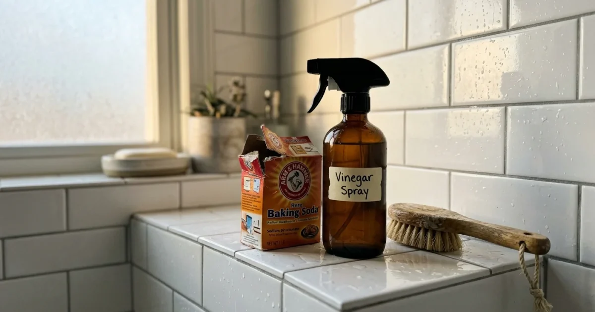 A DIY cleaning setup on a bathroom ledge with a glass vinegar spray bottle, baking soda, and a wooden scrub brush on white tile.