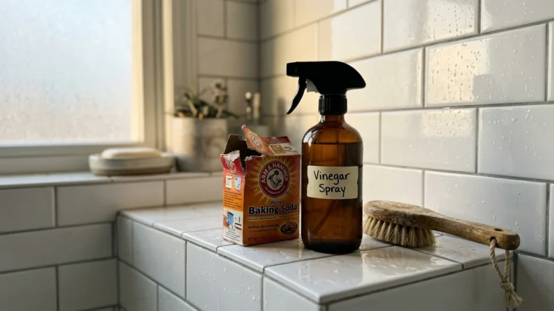 A DIY cleaning setup on a bathroom ledge with a glass vinegar spray bottle, baking soda, and a wooden scrub brush on white tile.