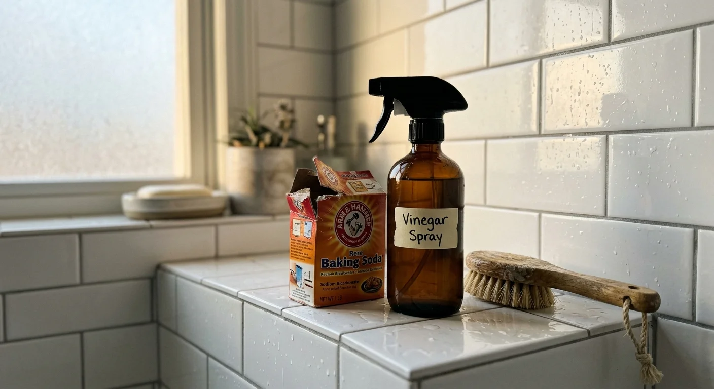 A DIY cleaning setup on a bathroom ledge with a glass vinegar spray bottle, baking soda, and a wooden scrub brush on white tile.
