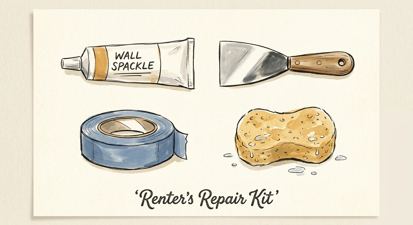 A gouache and ink flat-lay illustration of a rental repair kit containing spackle, a putty knife, blue painter's tape, and a sponge.