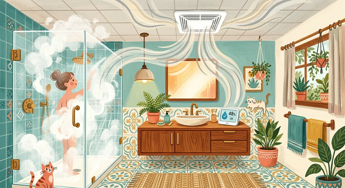 A gouache illustration of a bathroom with an active exhaust fan drawing out steam and a hygrometer displaying safe humidity levels.