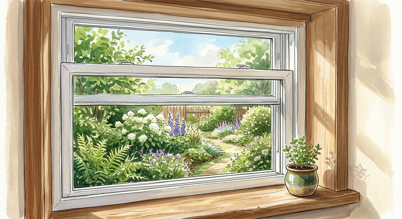 A gouache illustration of an open white vinyl window overlooking a beautiful, lush green garden filled with hydrangeas.