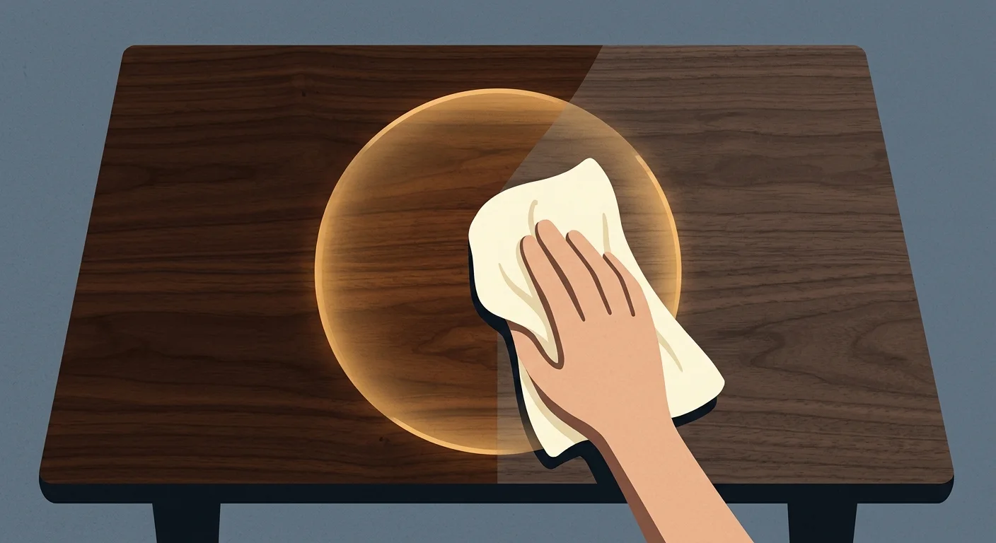 A graphic gouache illustration showing a cloth applying a protective wax barrier over a dark walnut wood tabletop.