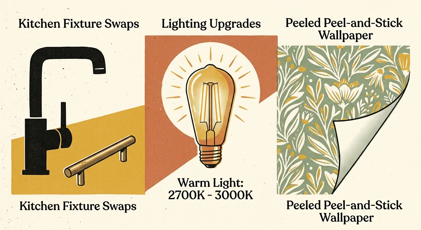 A graphic risograph illustration showing key rental upgrades like a brass cabinet pull, warm LED bulb, and removable wallpaper.