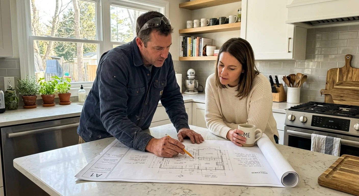 A homeowner and a contractor leaning over a kitchen island, reviewing rolled-out blueprint drawings together.