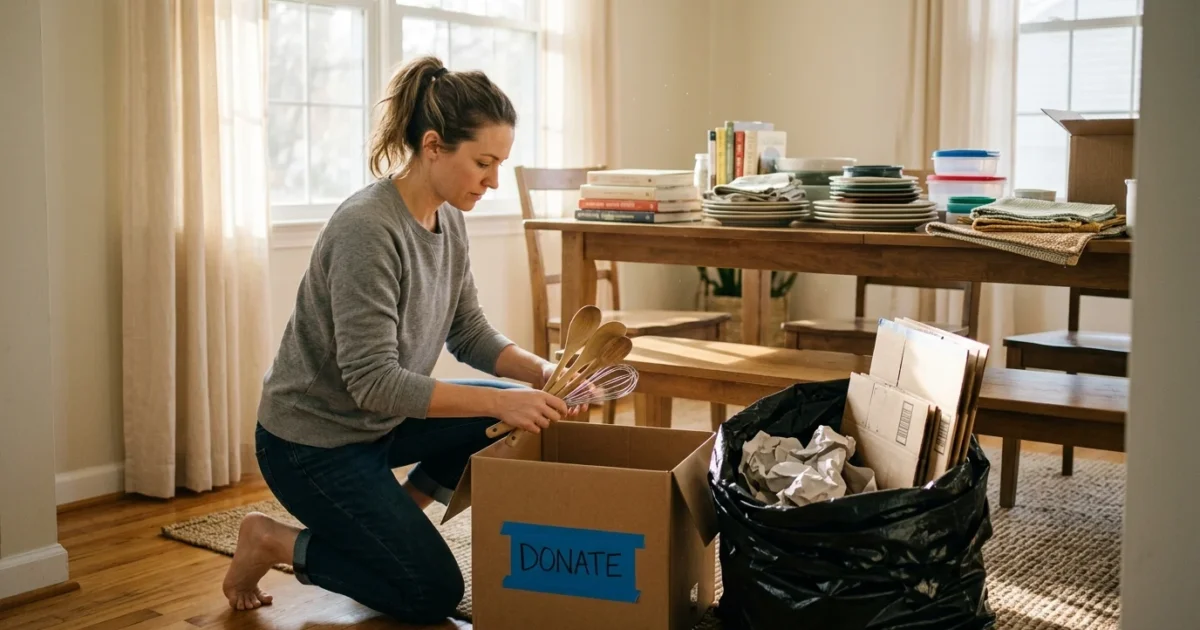 Woman kneeling on the floor placing wooden spoons into a cardboard donation box next to a trash bag.