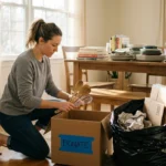Woman kneeling on the floor placing wooden spoons into a cardboard donation box next to a trash bag.