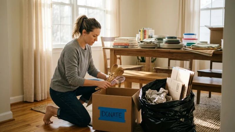 Woman kneeling on the floor placing wooden spoons into a cardboard donation box next to a trash bag.