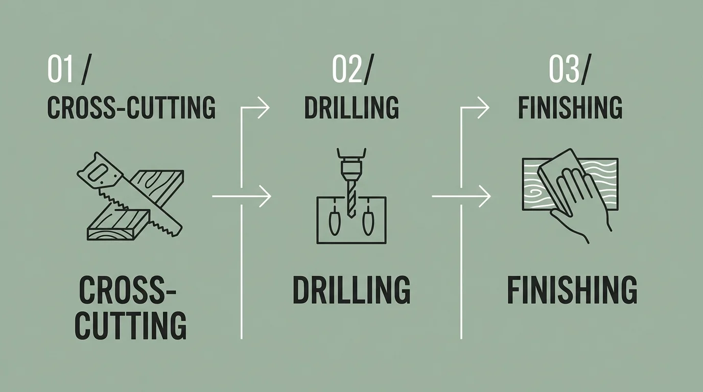 A horizontal flowchart showing the three stages of construction: cross-cutting, drilling, and finishing.
