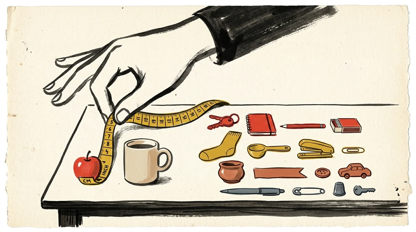 A mid-century gouache illustration of a hand measuring and neatly aligning everyday household objects.