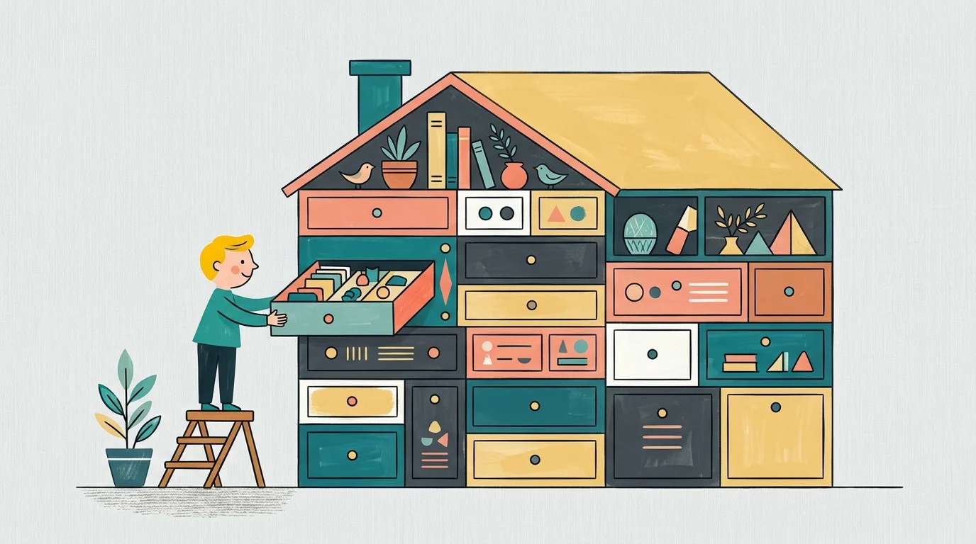 A mid-century modern illustration of a stylized house built of drawers, with a person easily closing one.