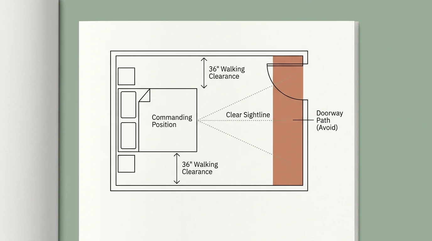 A minimalist architectural diagram of a bedroom floor plan showing the commanding position of a bed with clear sightlines.