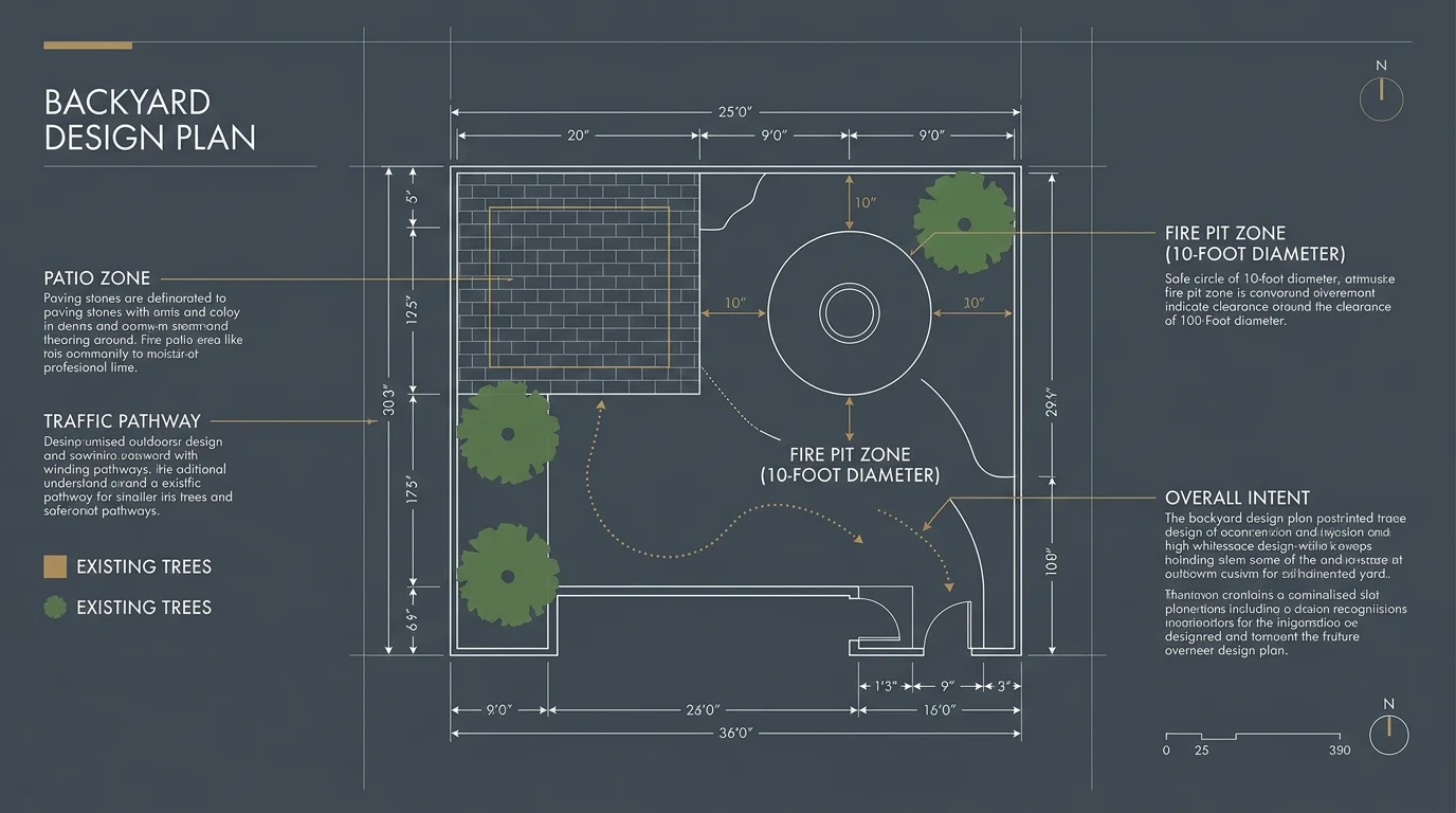 A minimalist architectural layout diagram mapping out backyard zones, showing a patio, fire pit safety circle, and traffic pathways.