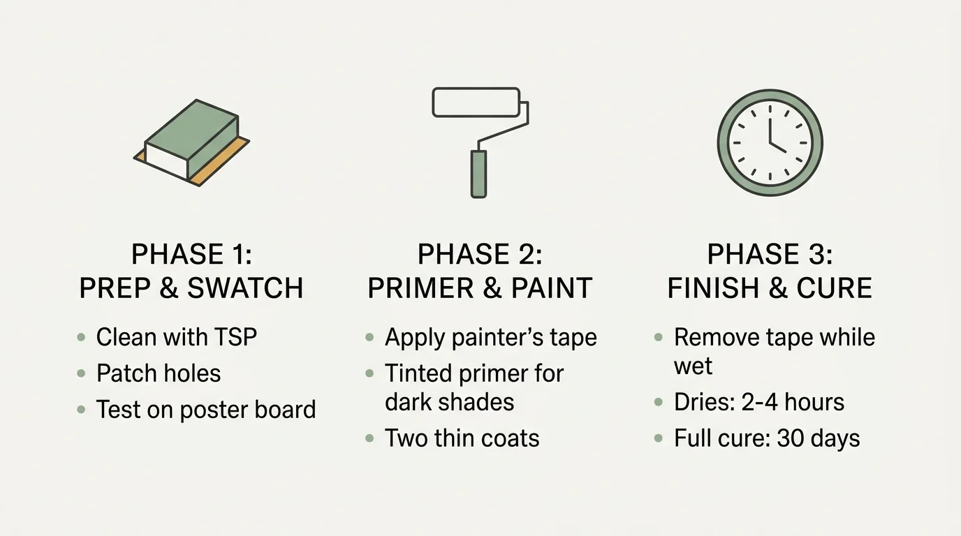 A minimalist horizontal diagram showing three columns detailing Phase 1 Prep, Phase 2 Painting, and Phase 3 Curing steps.