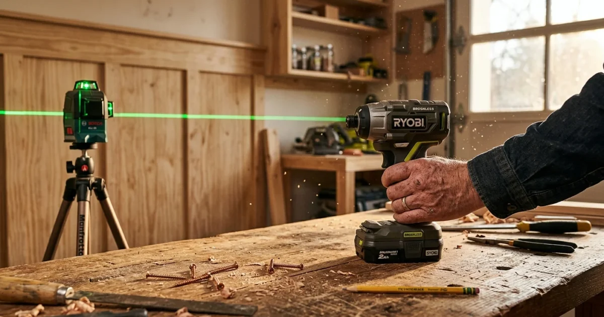 A modern cordless impact driver sits on a wooden workbench with a green laser level casting a alignment line on a wall in the background.