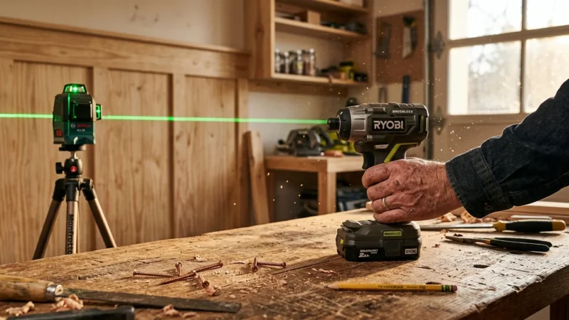 A modern cordless impact driver sits on a wooden workbench with a green laser level casting a alignment line on a wall in the background.