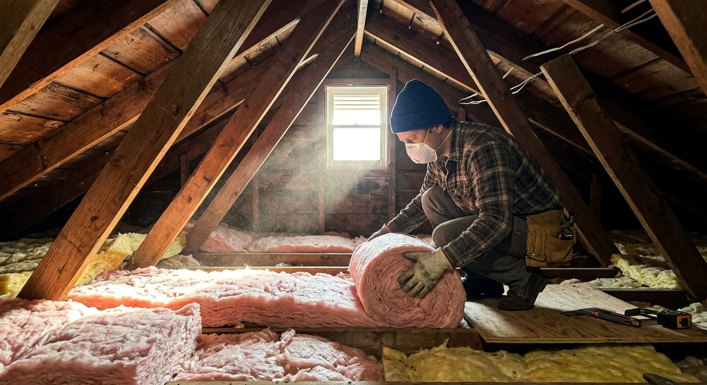 A person in a dust mask and work gloves rolling out pink fiberglass insulation between wooden joists in a sunlit attic.