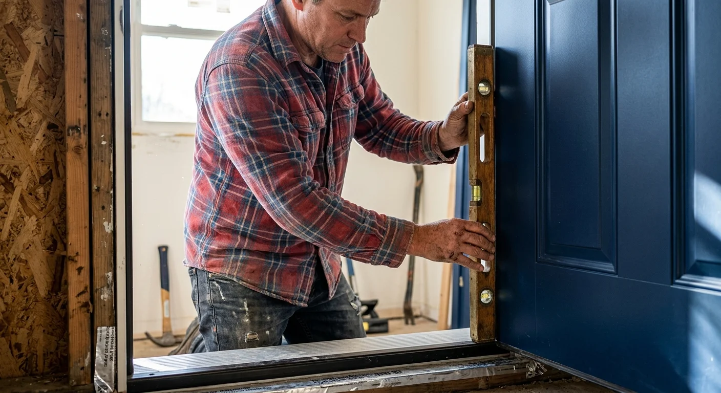 A person in a flannel shirt using a wooden level to align a newly installed matte navy blue steel entry door in a bright doorway.