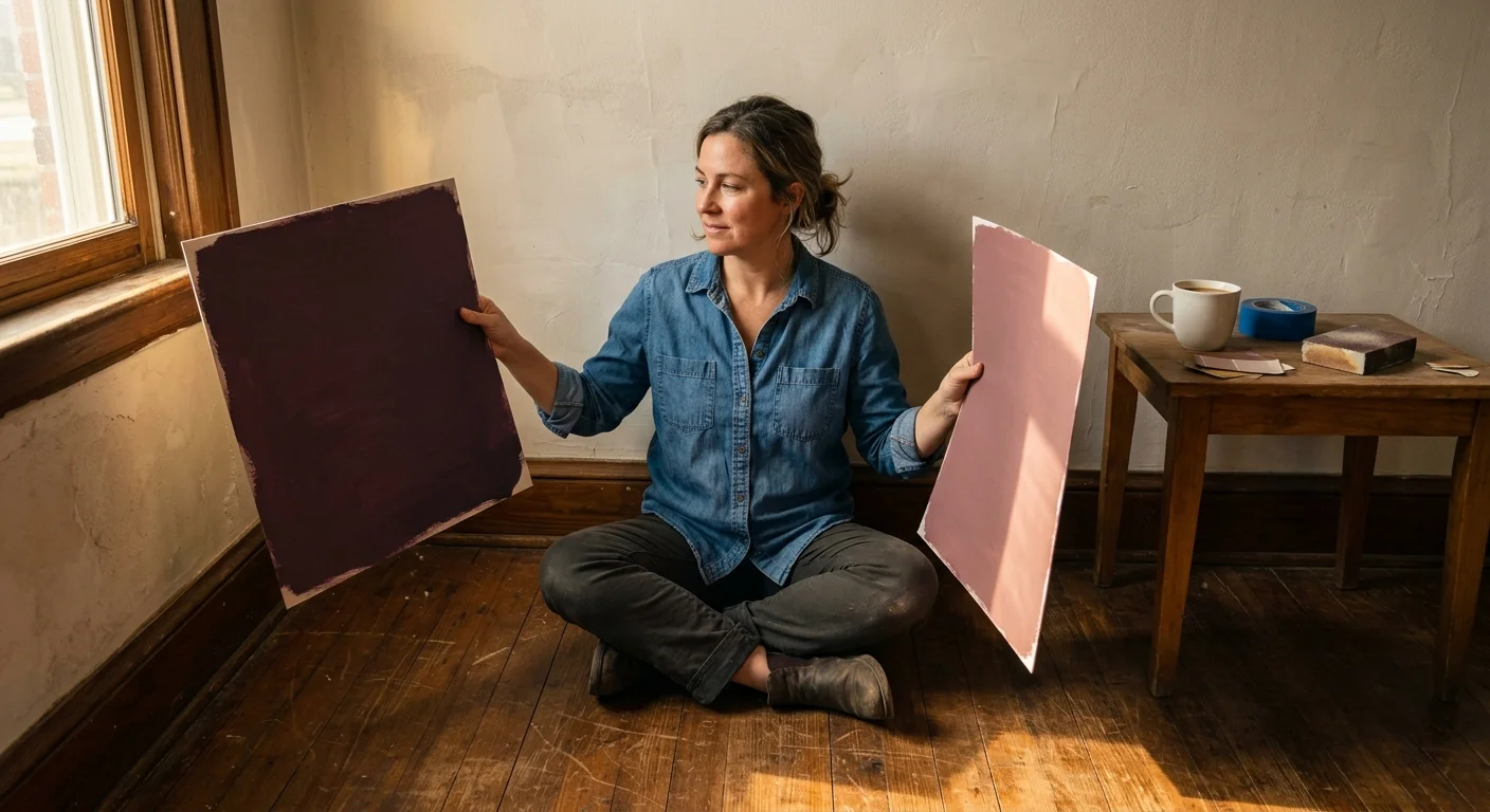 A person sitting on a wooden floor holding up large painted plum and dusty rose test swatches against a living room wall.