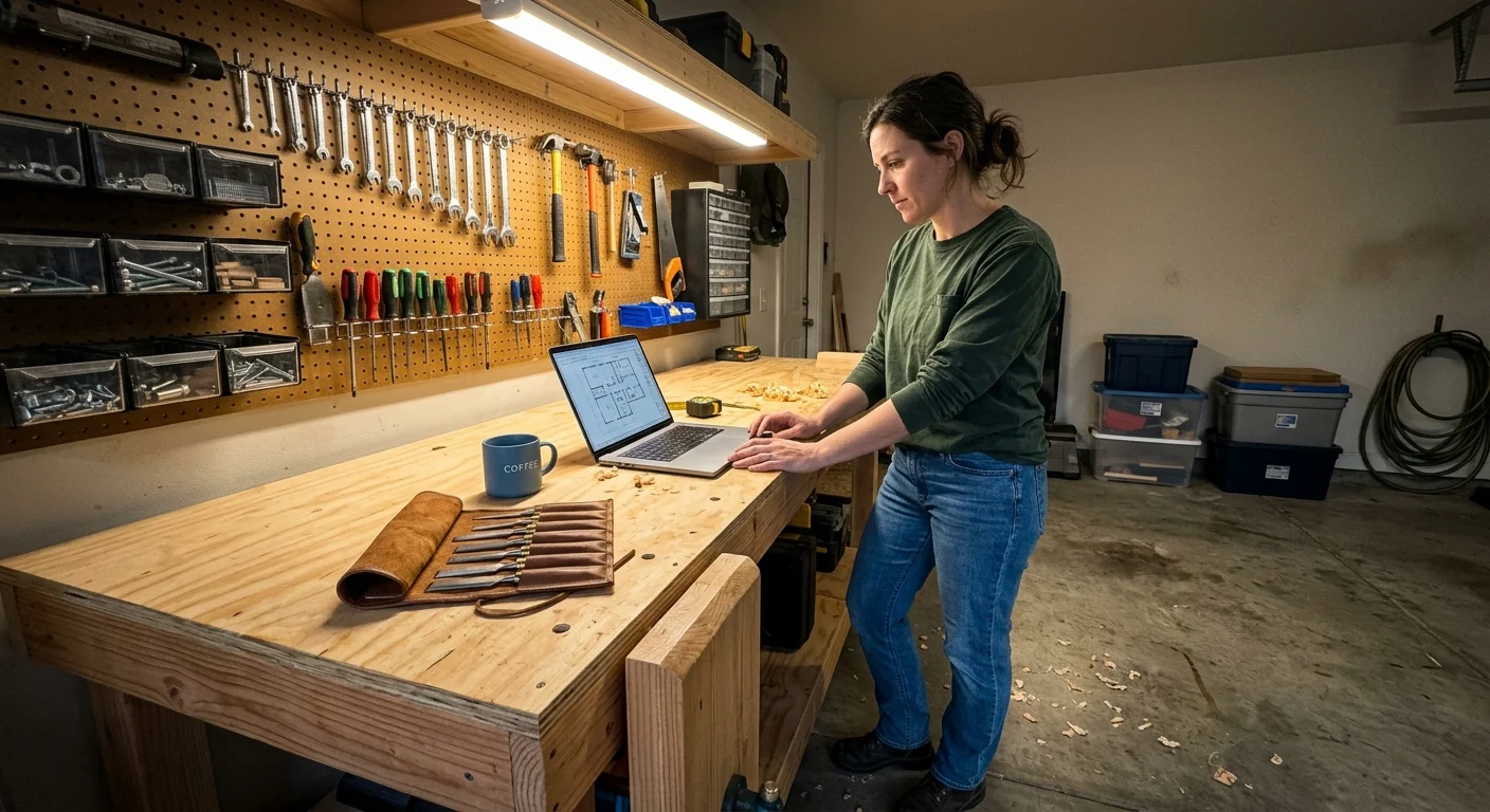 A person standing at an ergonomically designed wooden workbench in a naturally lit, organized garage workshop.