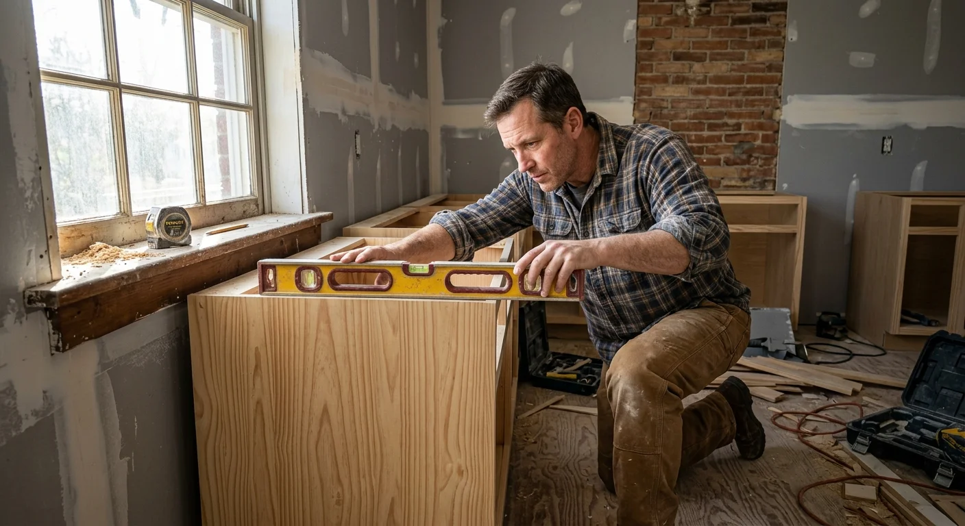A person using a spirit level on top of wooden kitchen cabinets during a home renovation project.