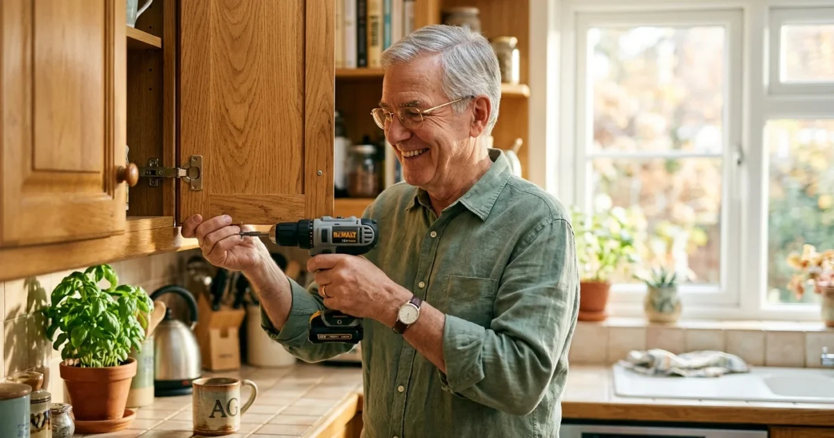 A smiling retired man using a lightweight cordless drill to easily fix a wooden kitchen cabinet door in a sunlit kitchen.