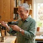A smiling retired man using a lightweight cordless drill to easily fix a wooden kitchen cabinet door in a sunlit kitchen.