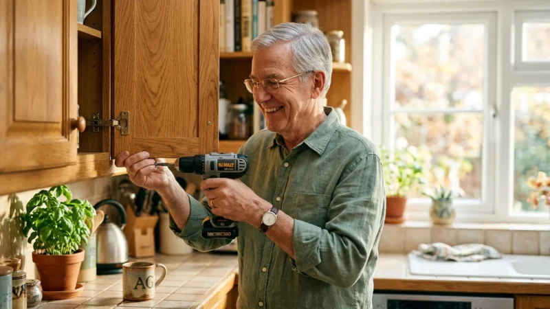 A smiling retired man using a lightweight cordless drill to easily fix a wooden kitchen cabinet door in a sunlit kitchen.