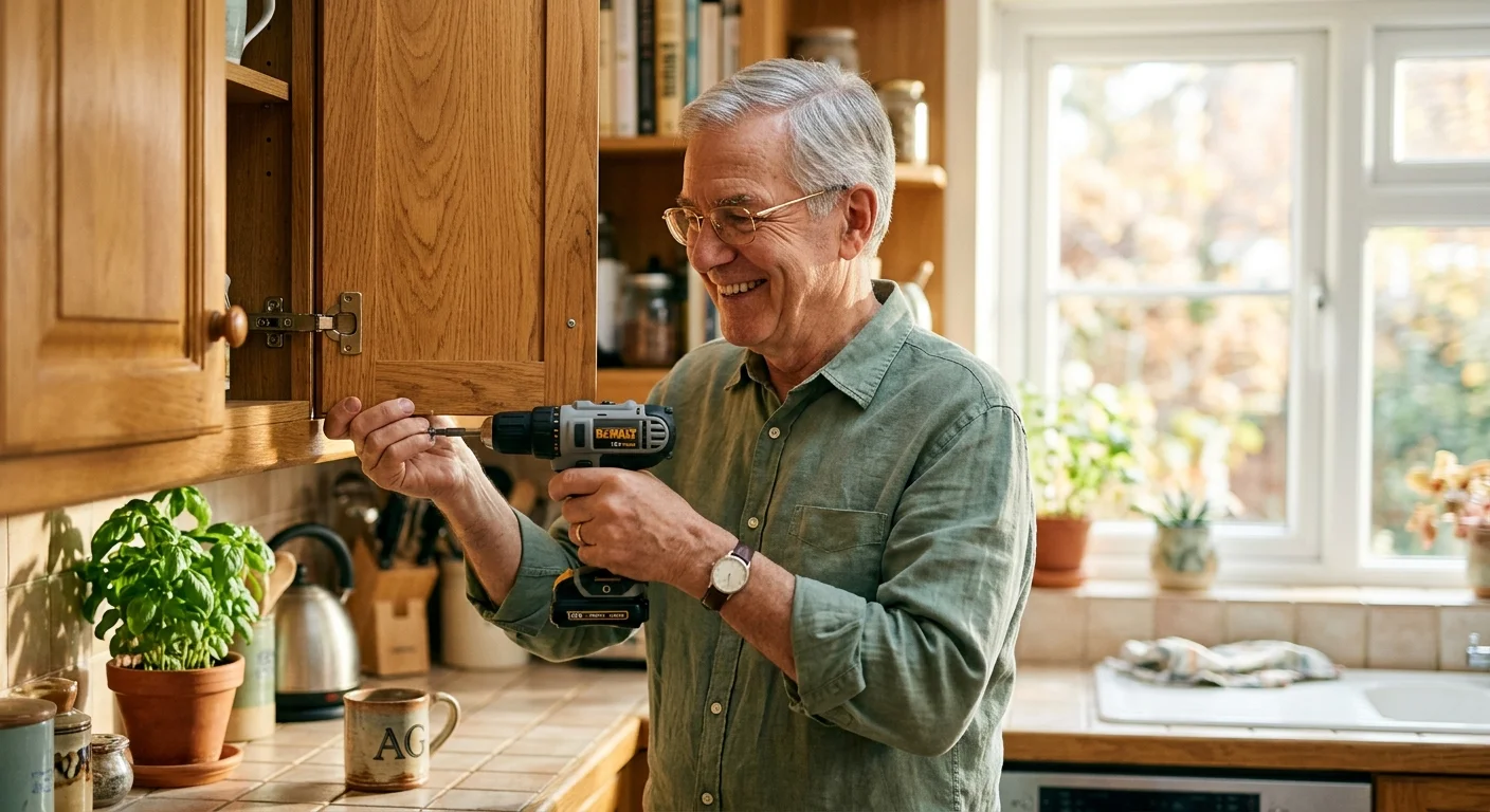 A smiling retired man using a lightweight cordless drill to easily fix a wooden kitchen cabinet door in a sunlit kitchen.