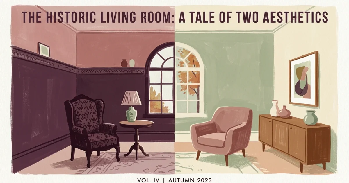 A stylized gouache illustration of a historic living room showing a split wall color palette transition from rich plum to dusty rose.