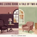 A stylized gouache illustration of a historic living room showing a split wall color palette transition from rich plum to dusty rose.