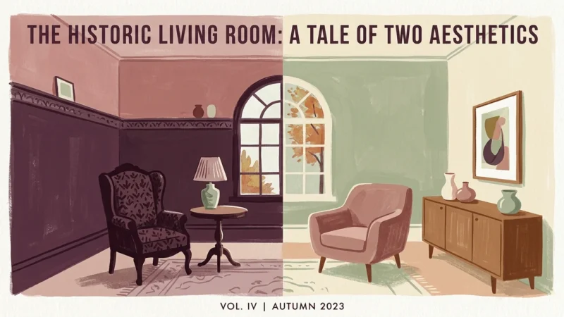 A stylized gouache illustration of a historic living room showing a split wall color palette transition from rich plum to dusty rose.