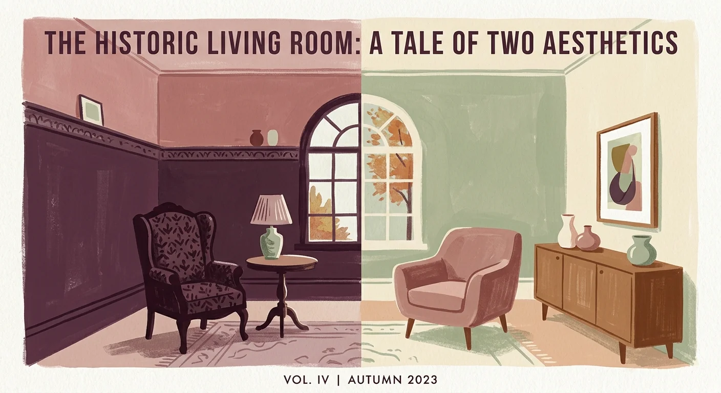 A stylized gouache illustration of a historic living room showing a split wall color palette transition from rich plum to dusty rose.