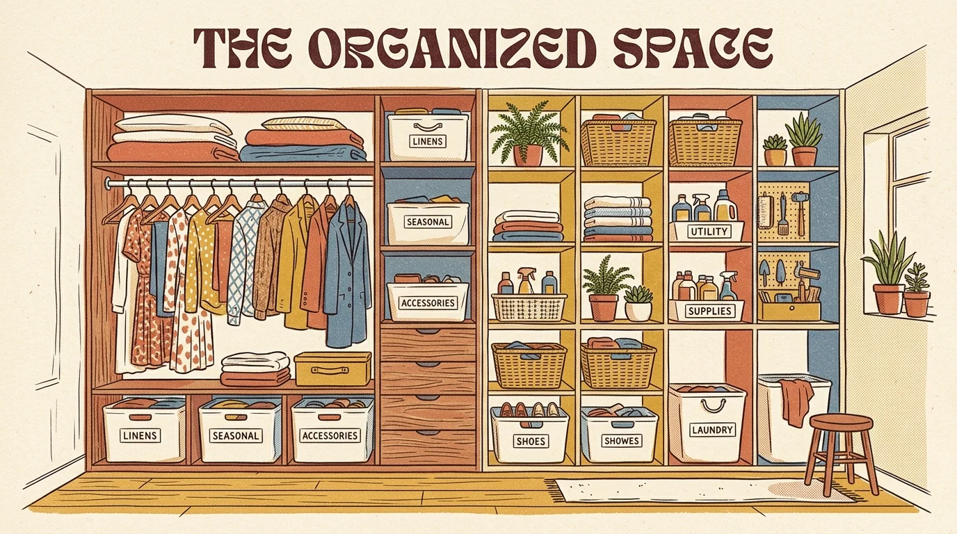 A stylized risograph illustration of a beautifully organized, modular closet shelving system with bins and linens.
