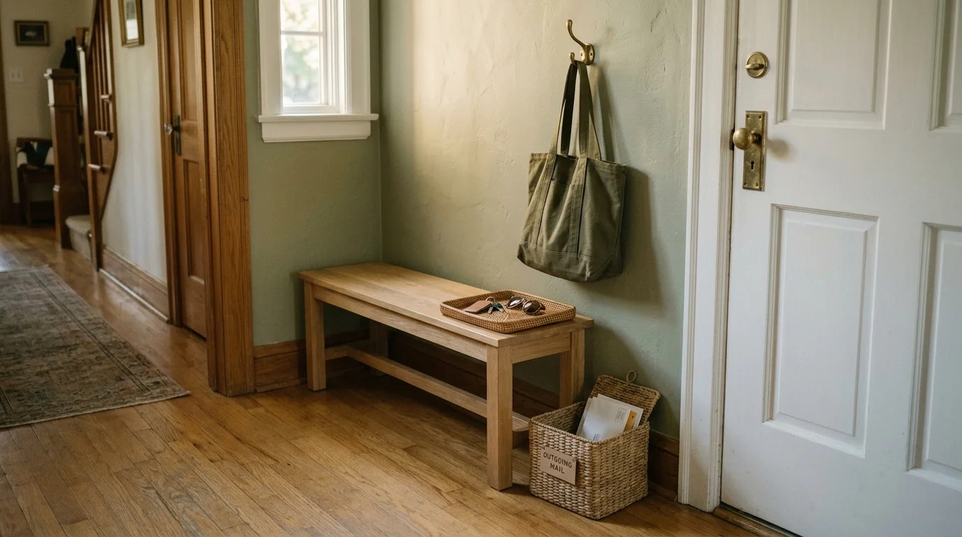Entryway featuring a wooden bench with a tray, a tote bag on a wall hook, and an outgoing mail basket.