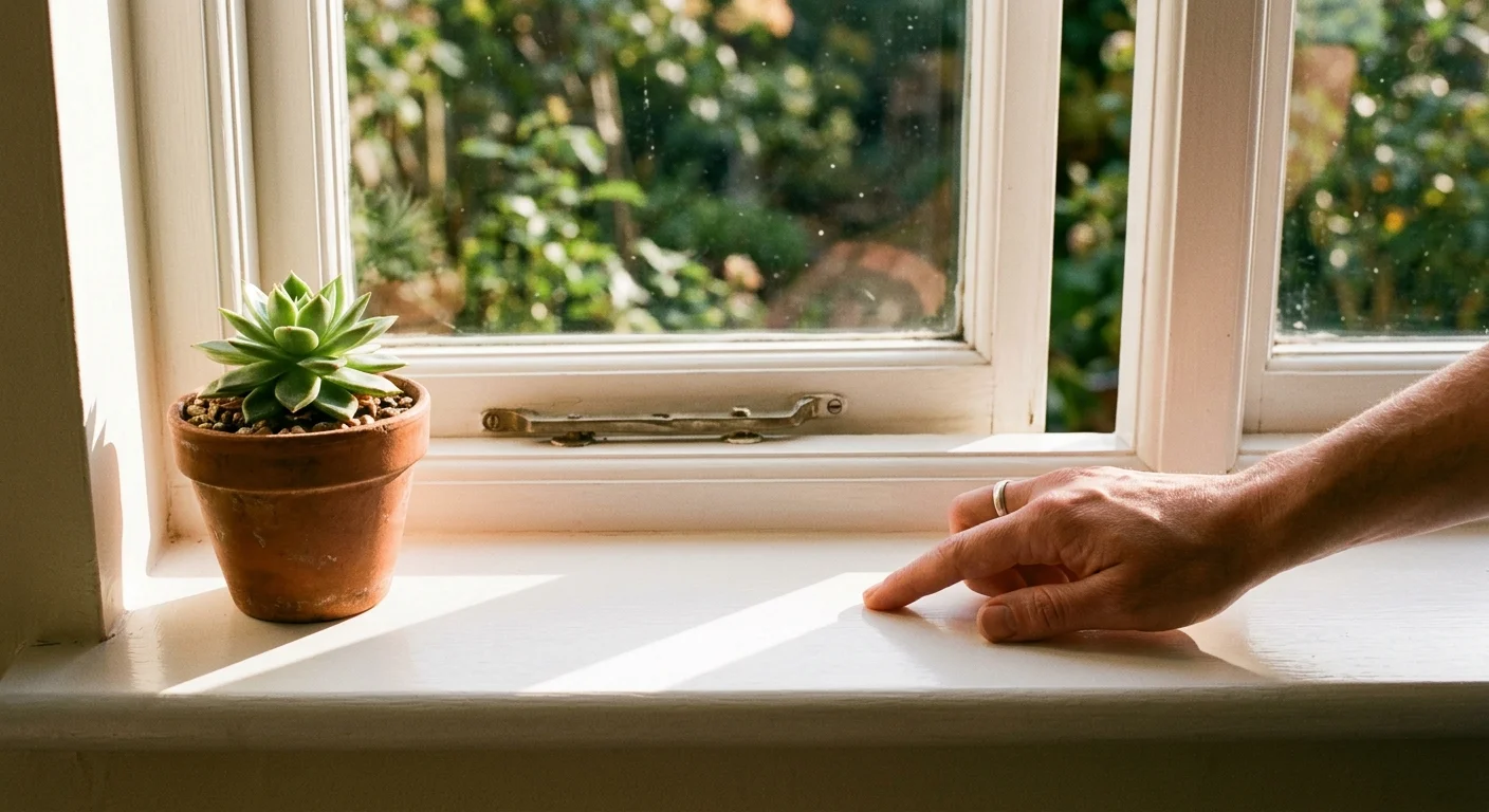 A warm 35mm film photograph of a clean, sunlit wooden window sill with a small potted plant, symbolizing successful maintenance.