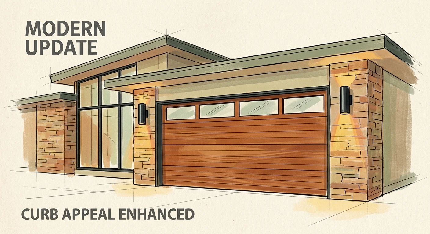 A warm gouache illustration of a modern home with a beautiful cedar-paneled garage door and warm exterior lighting.