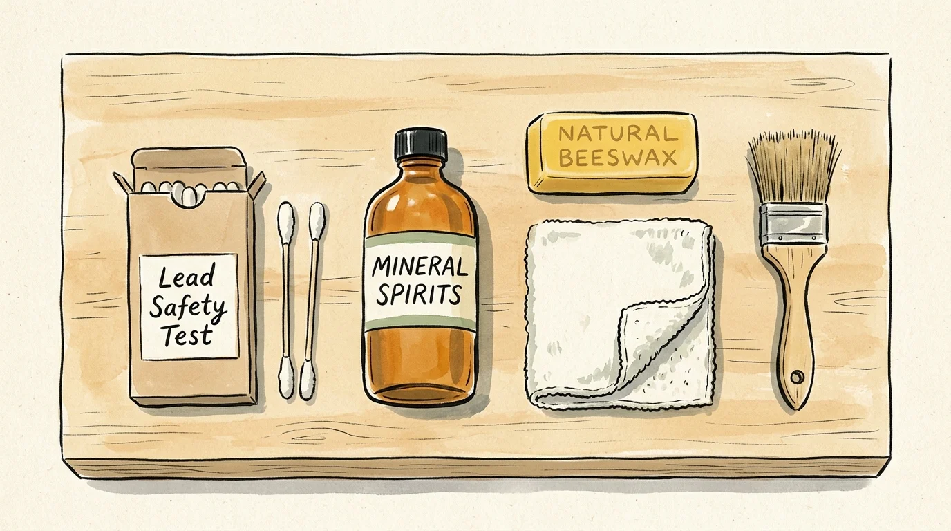 A warm ink and gouache illustration of furniture restoration tools, including a lead safety test kit, mineral spirits, beeswax, and a cloth.