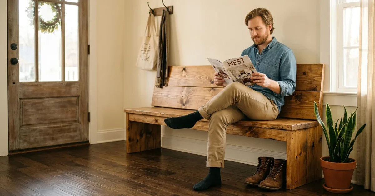 A warm, sunlit entryway featuring a person sitting on a newly built rustic pine farmhouse bench next to a potted plant.