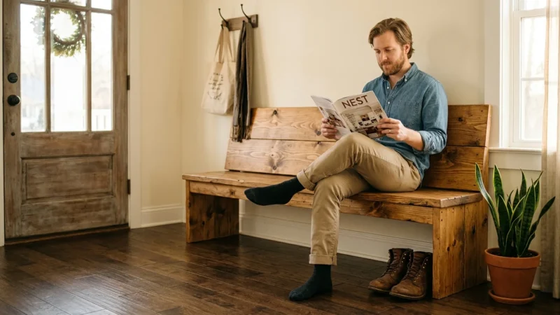 A warm, sunlit entryway featuring a person sitting on a newly built rustic pine farmhouse bench next to a potted plant.