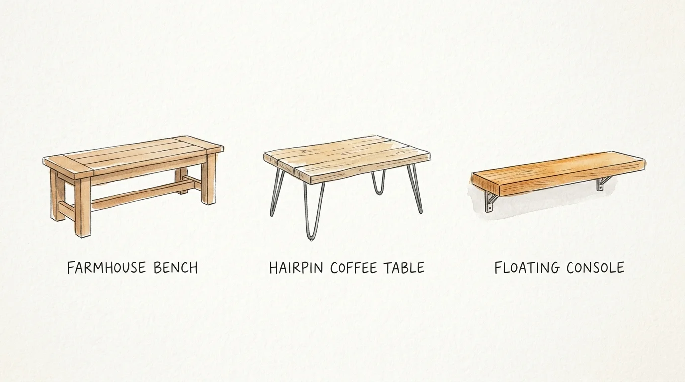 A watercolor illustration of a farmhouse bench, hairpin coffee table, and floating console side-by-side.
