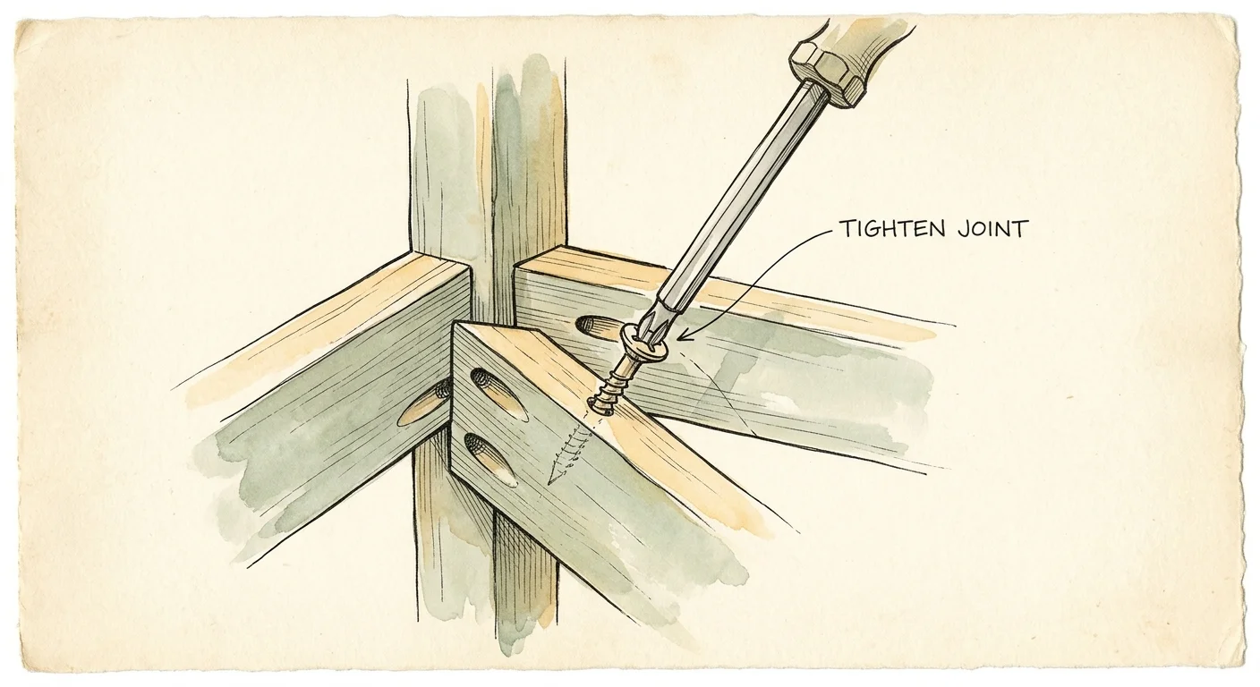 A watercolor illustration showing a hand tightening a pocket-hole screw inside a wooden joint.